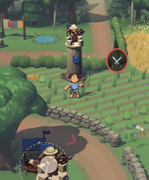 Screenshot of the 3D prototype: the hero stands between two crossbow towers on a farm path.