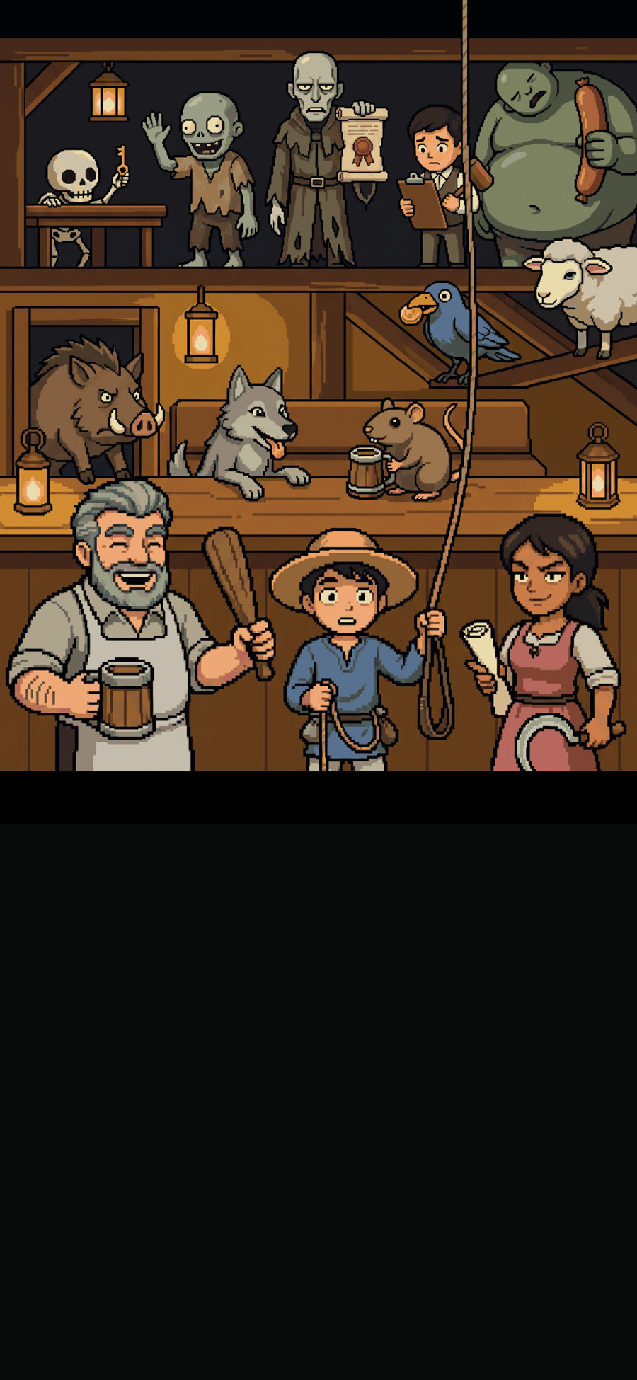 Pixel-art poster of Last Stand Tavern: villagers, a shepherd boy, a barkeep and a farm girl in a tavern, with zombies at the bar.